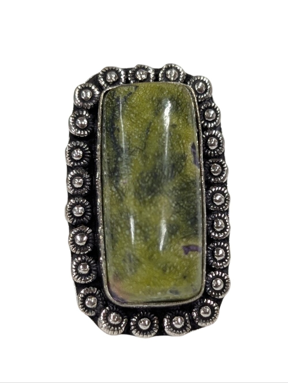 Green Stichtite Jasper Statement Ring with Silver Detail Handmade